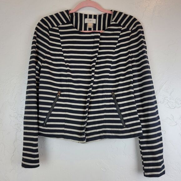 LOFT Jackets & Blazers - LOFT Womens Sz M Striped Cotton Moto Biker Jacket Black Asymmetrical Full Zip